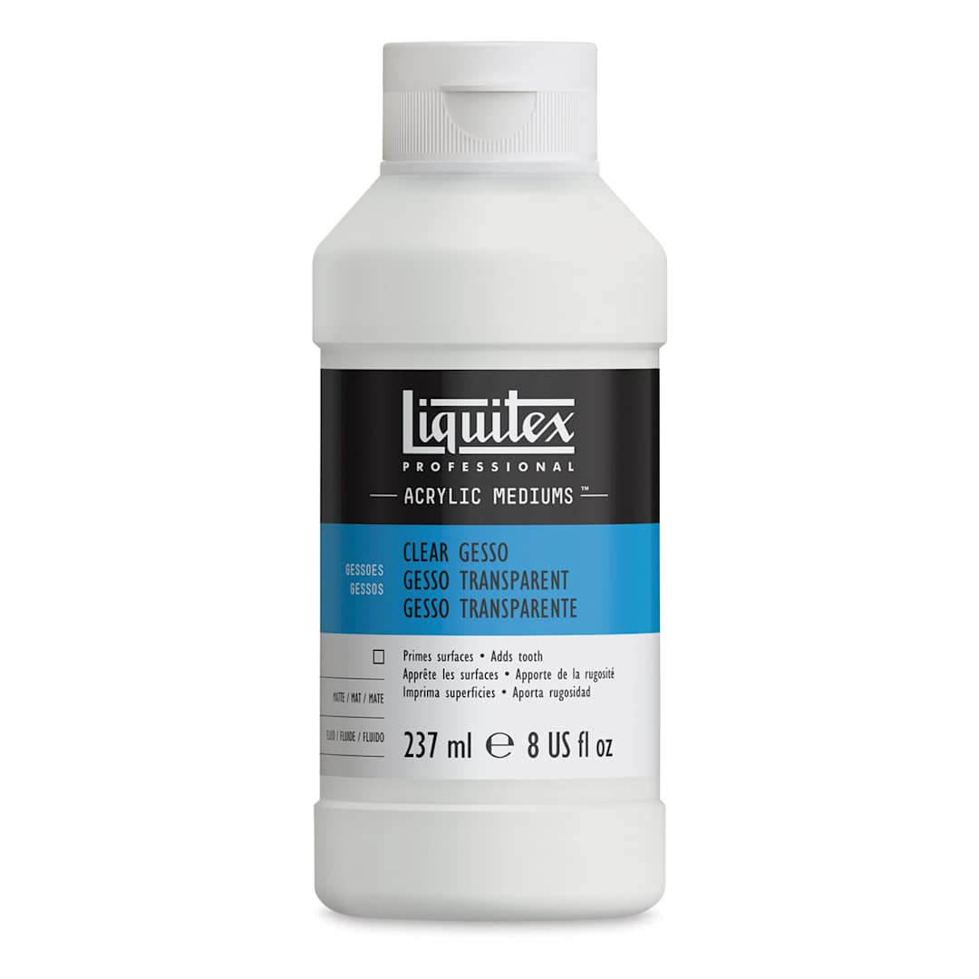 Open in modal - Liquitex Acrylic Gesso-Clear 8oz Bottle. Front of bottle.