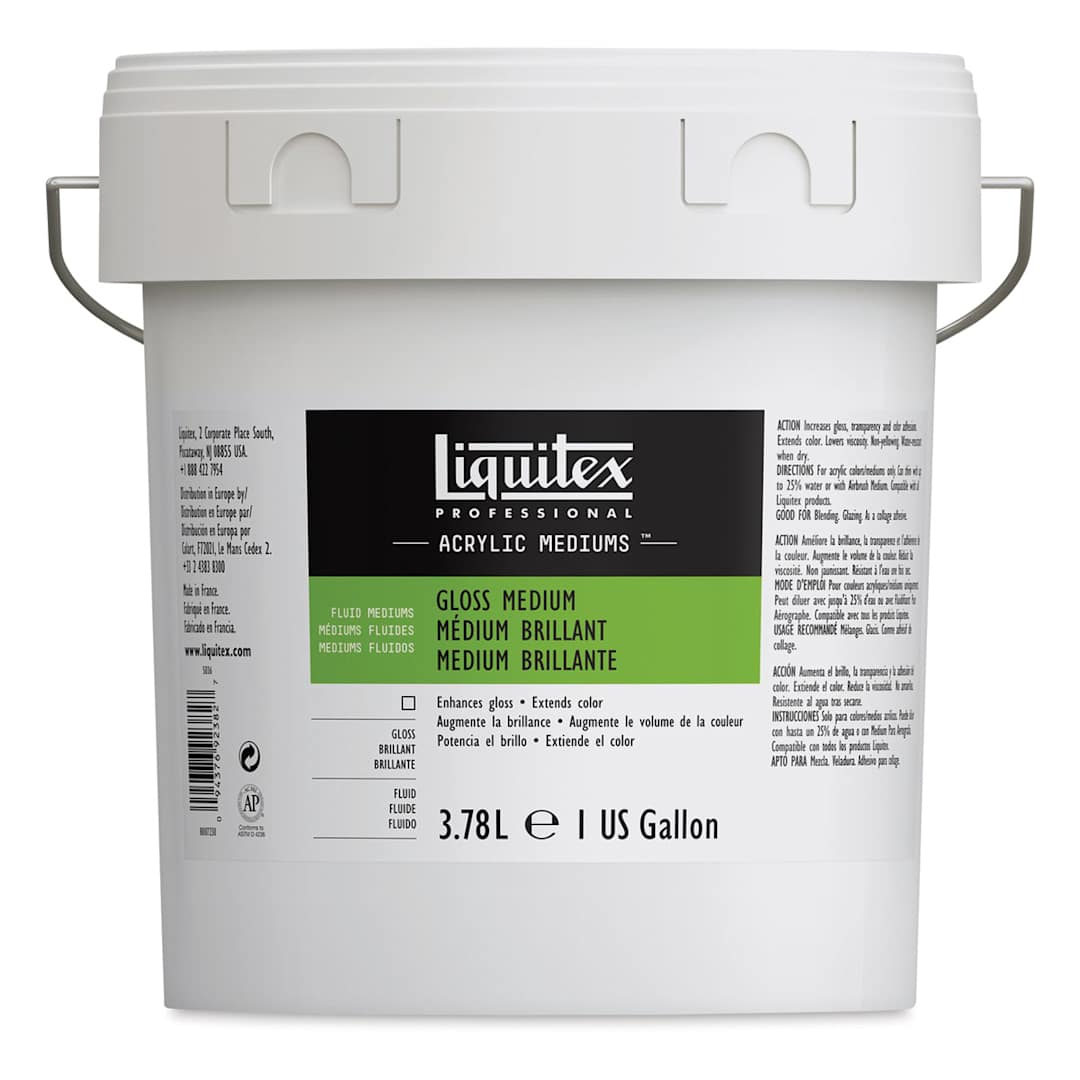 Open in modal - Liquitex Fluids Acrylic Medium - Gloss, Gallon. Front of bucket.
