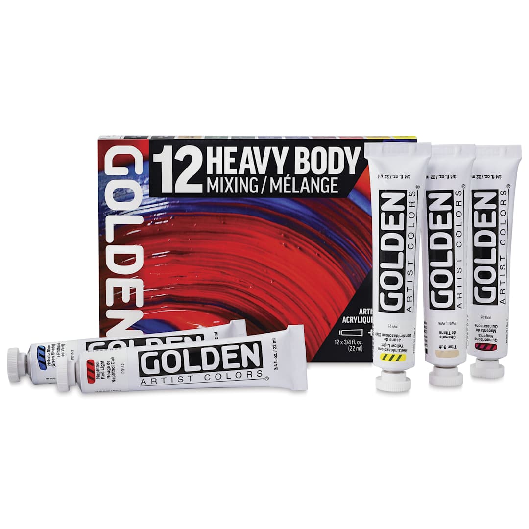 Open in modal - Golden Heavy Body Artist Acrylic Set - Mixing Set of 12 with Gloss Glazing Liquid, 22 ml Tubes, tubes with packaging