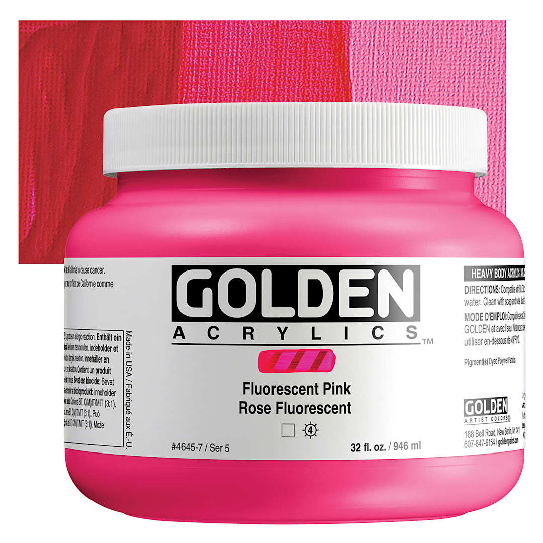 Open in modal - Golden Heavy Body Artist Acrylics - Fluorescent Pink, 32 oz Jar and Swatch 