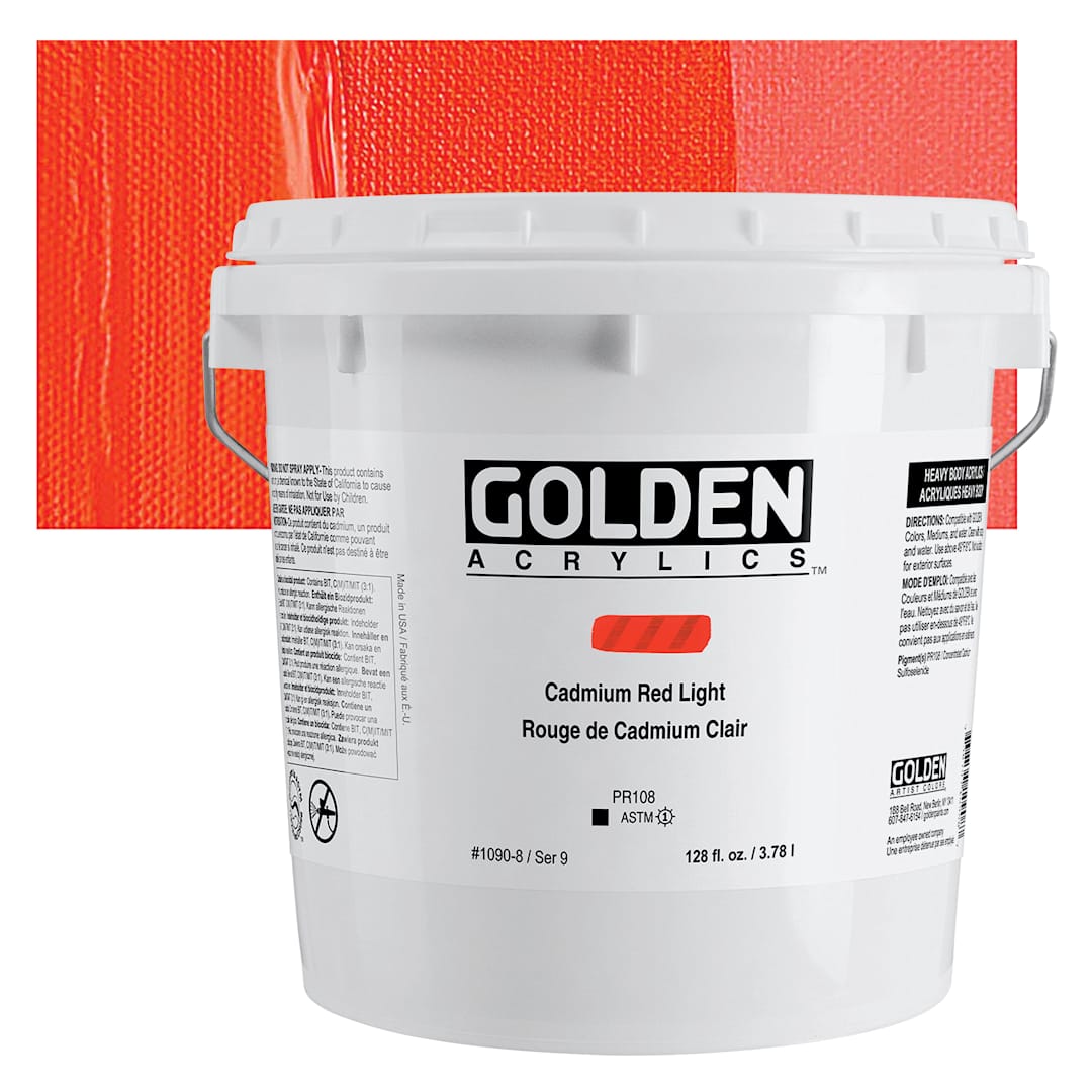 Open in modal - Golden Heavy Body Acrylic Paint - Cadmium Red Light (CP), 3.78 L Bucket and swatch