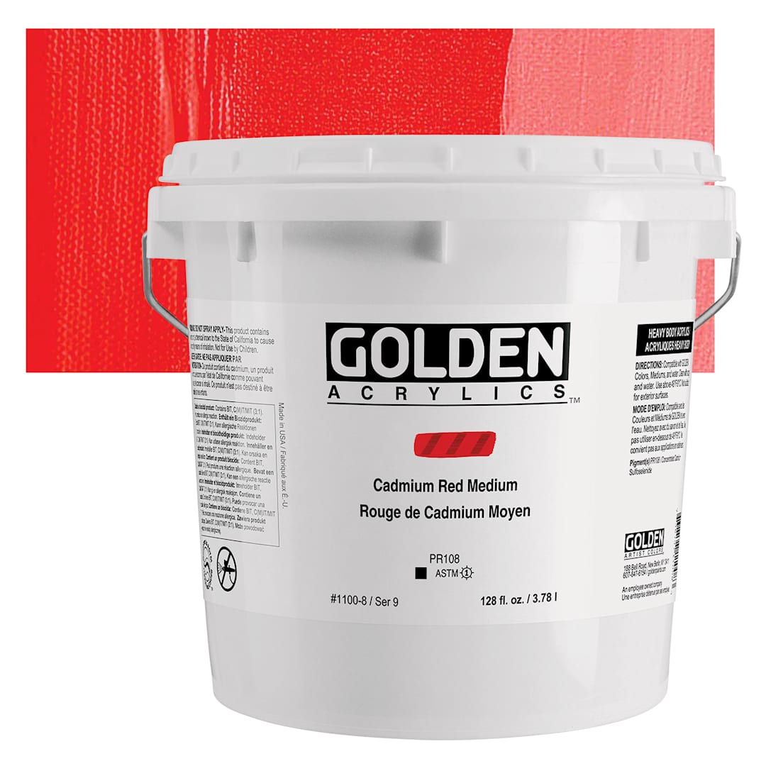 Open in modal - Golden Heavy Body Acrylic Paint - Cadmium Red Medium (CP), 3.78 L Bucket and swatch