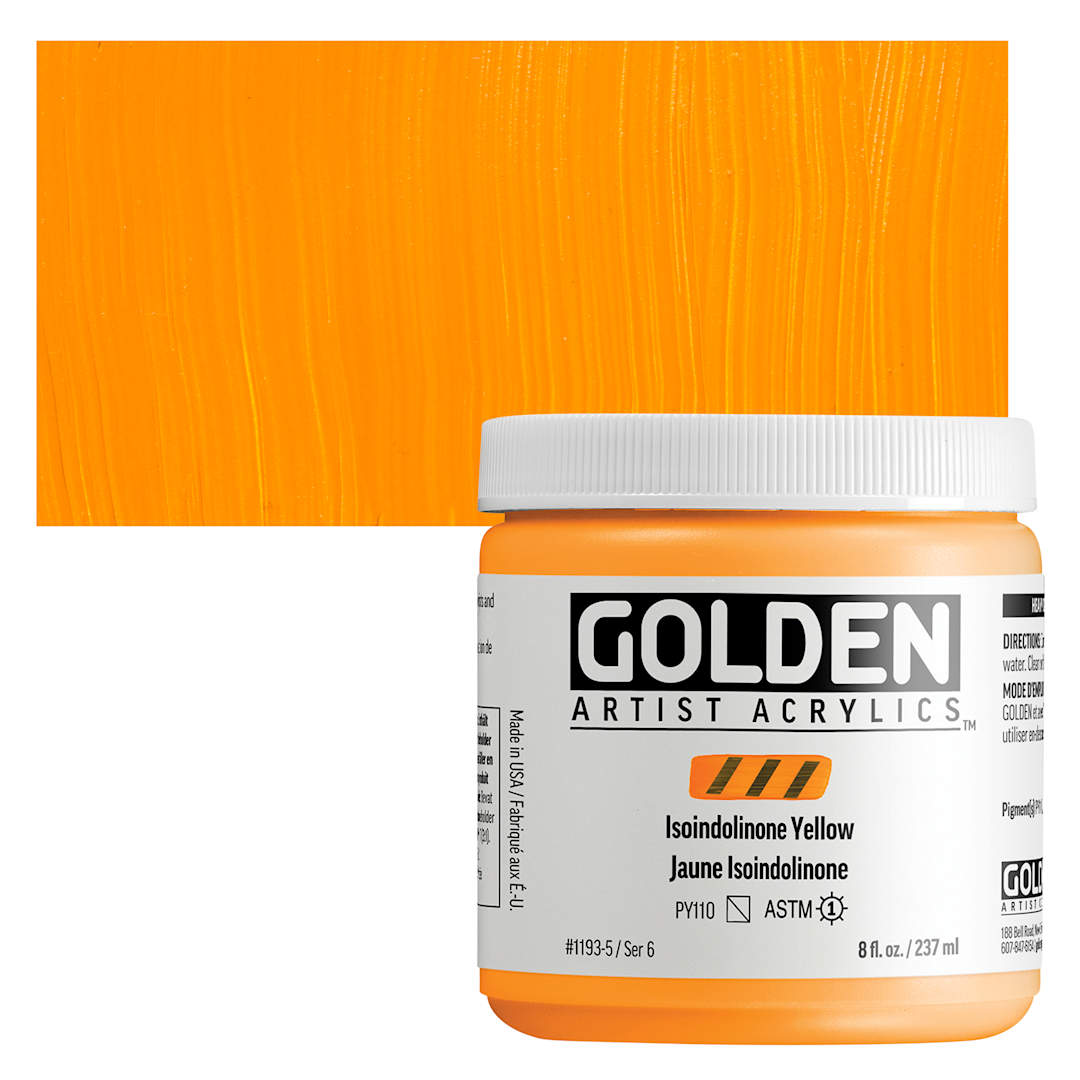 Open in modal - Golden Heavy Body Acrylic Paint - Isoindolinone Yellow, 237 ml Jar and swatch