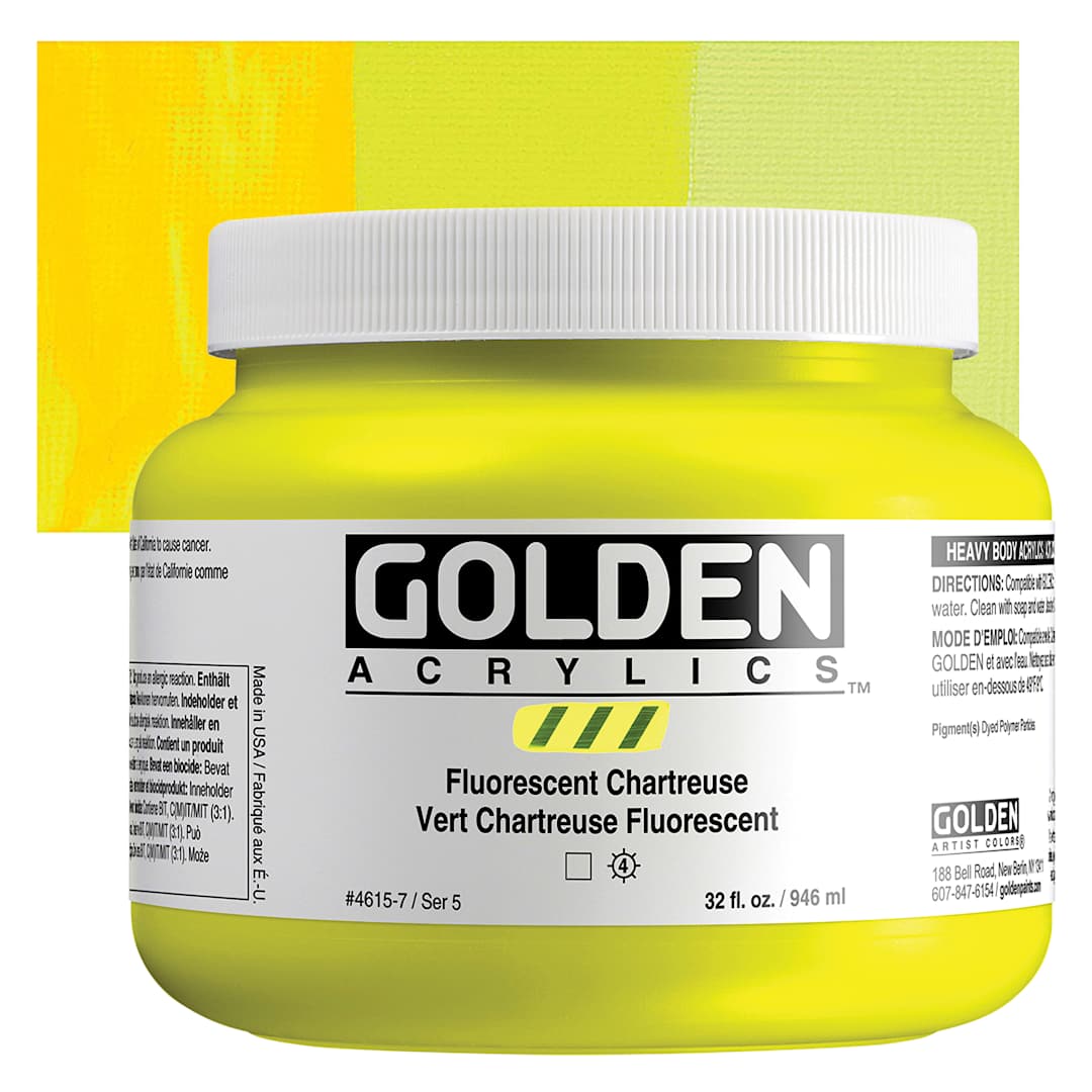 Open in modal - Golden Heavy Body Artist Acrylics - Fluorescent Chartreuse, 32 oz Jar and Swatch