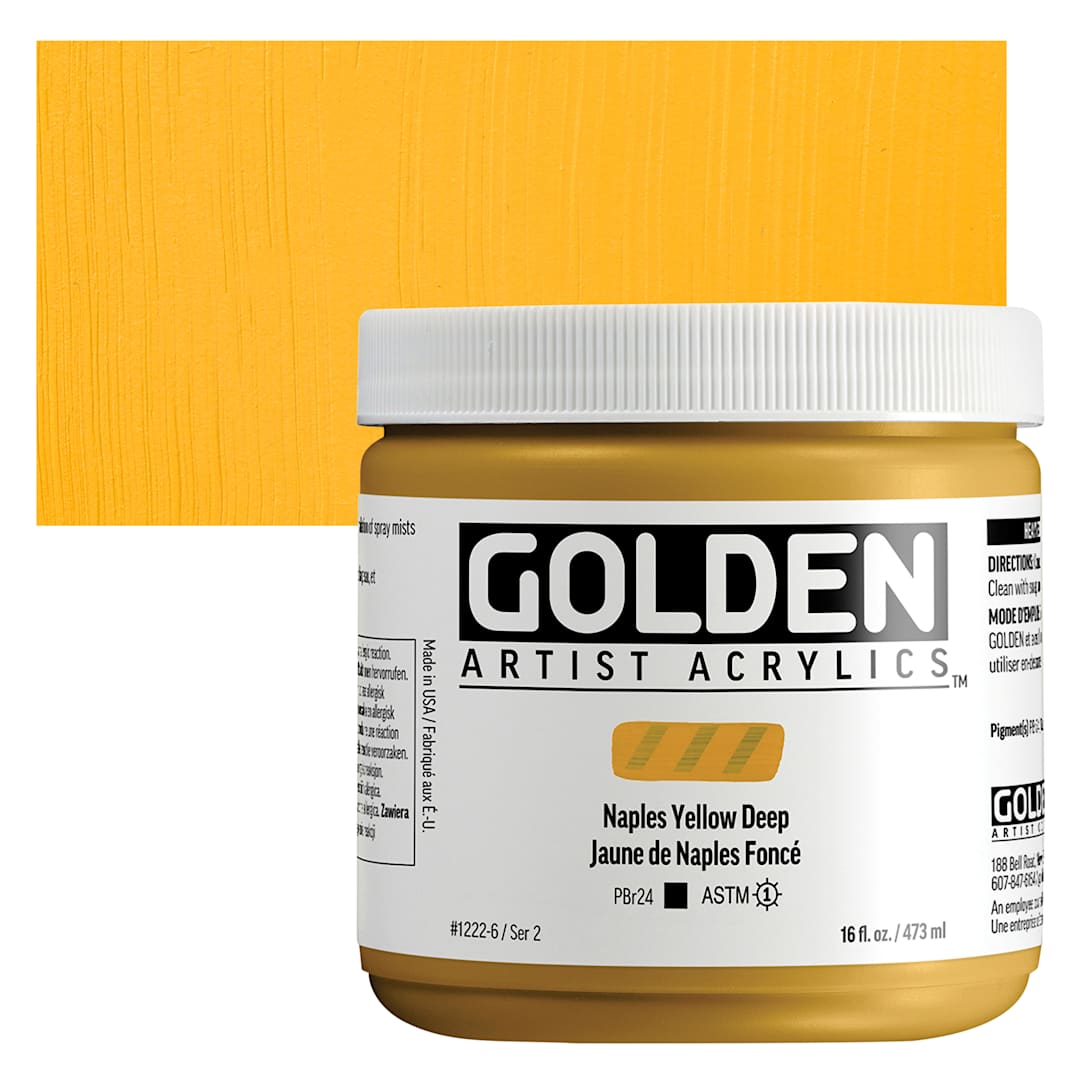 Open in modal - Golden Heavy Body Acrylic Paint - Naples Yellow Deep, 473 ml, Jar and swatch