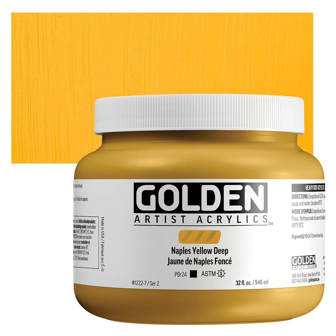 Open in modal - Golden Heavy Body Acrylic Paint - Naples Yellow Deep, 946 ml, Jar and swatch