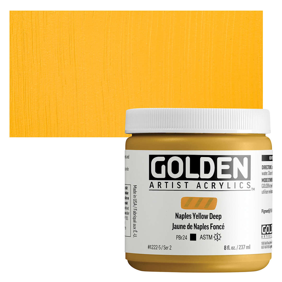 Open in modal - Golden Heavy Body Acrylic Paint - Naples Yellow Deep, 237 ml, Jar and swatch