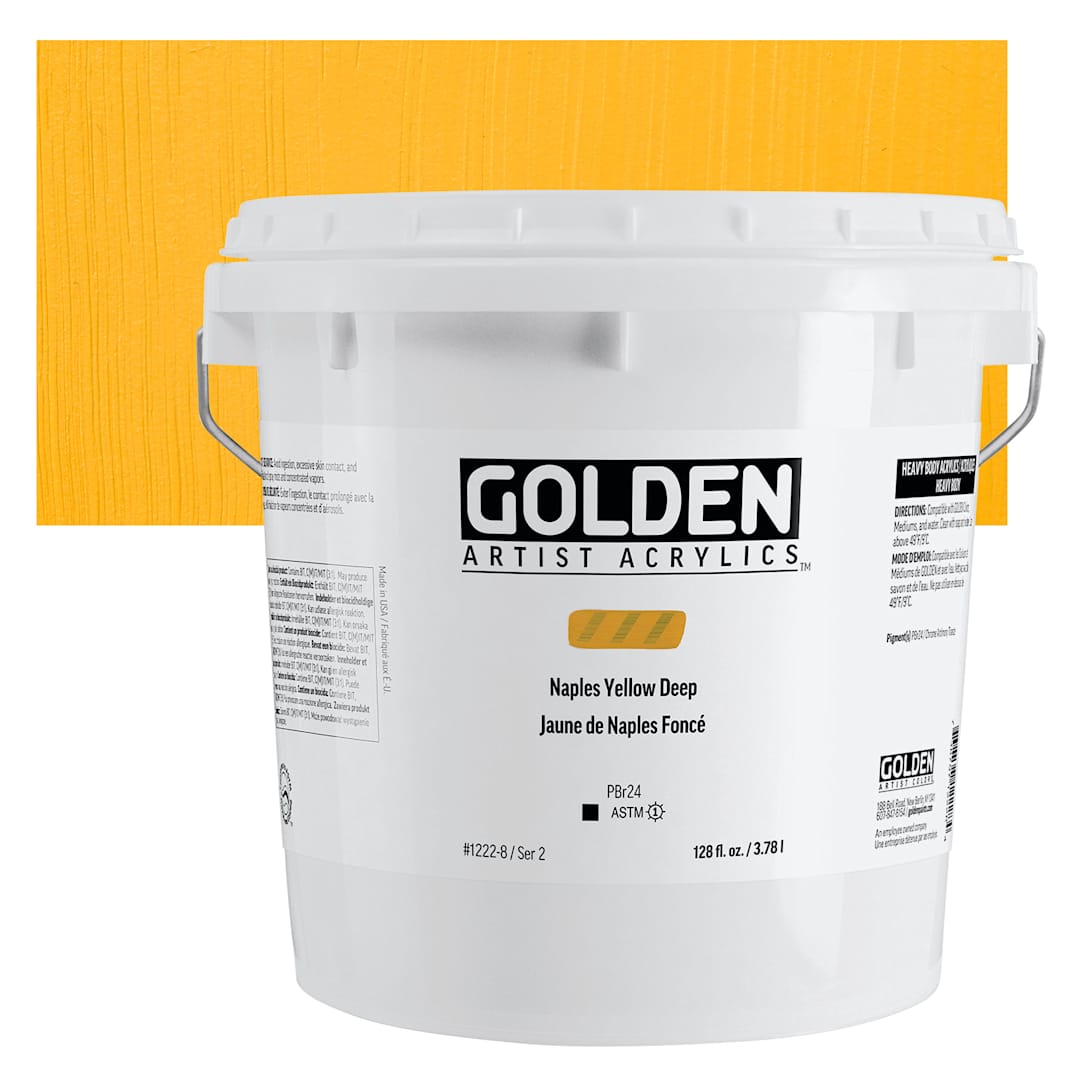 Open in modal - Golden Heavy Body Acrylic Paint - Naples Yellow Deep, 3.78 L, Jar and swatch