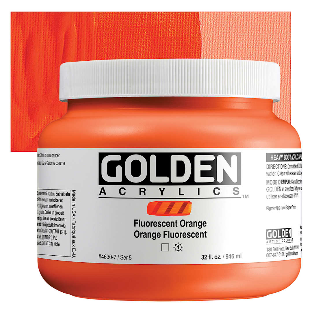 Open in modal - Golden Heavy Body Artist Acrylics - Fluorescent Orange, 32 oz Jar and Swatch