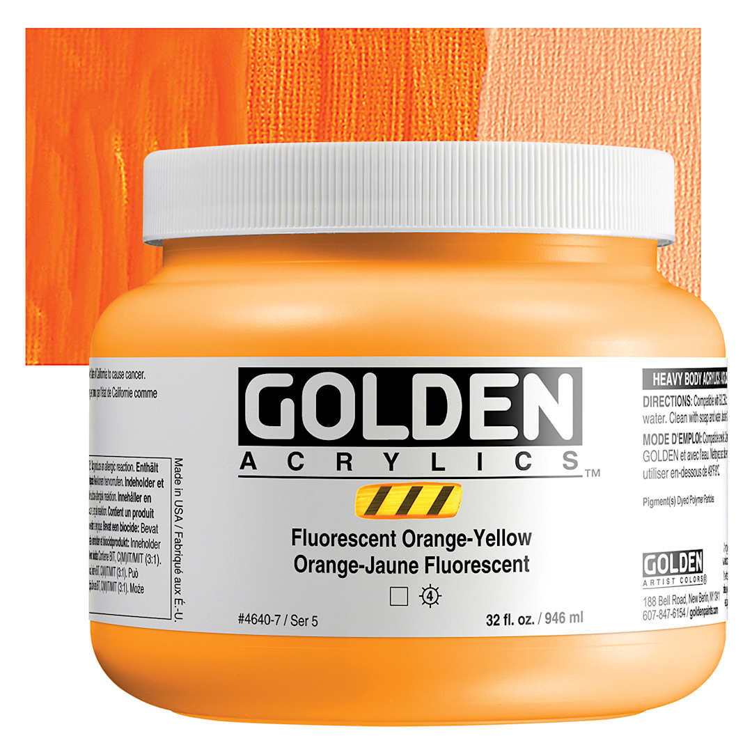 Open in modal -  Golden Heavy Body Artist Acrylics - Fluorescent Orange-Yellow, 32 oz Jar and Swatch