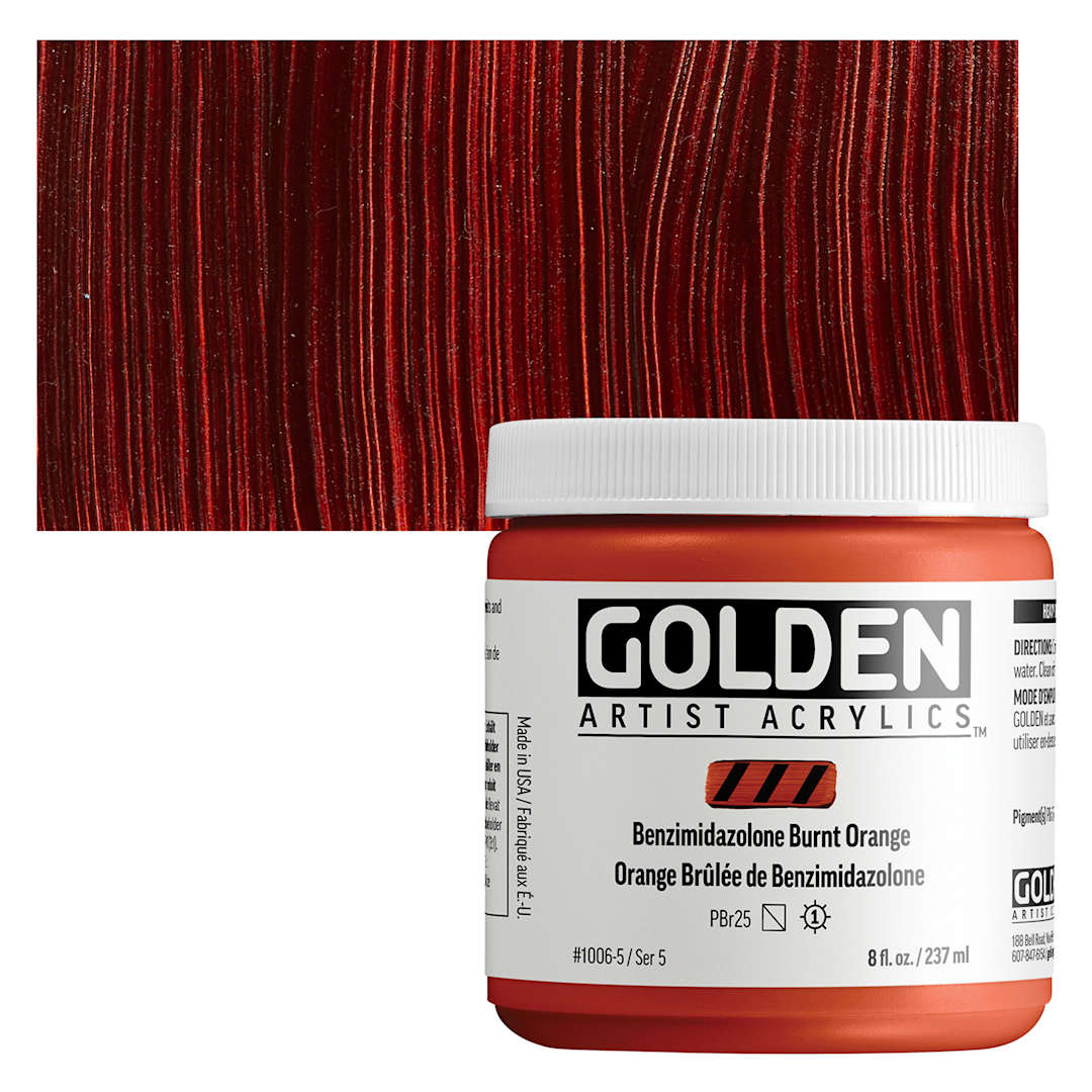 Open in modal - Golden Heavy Body Acrylic Paint - Benzimidazolone Burnt Orange, 237 ml Jar and swatch