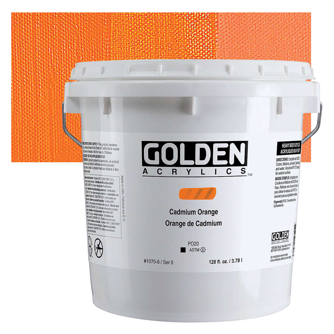 Open in modal - Golden Heavy Body Acrylic Paint - Cadmium Orange (CP), 128 oz Jar and swatch