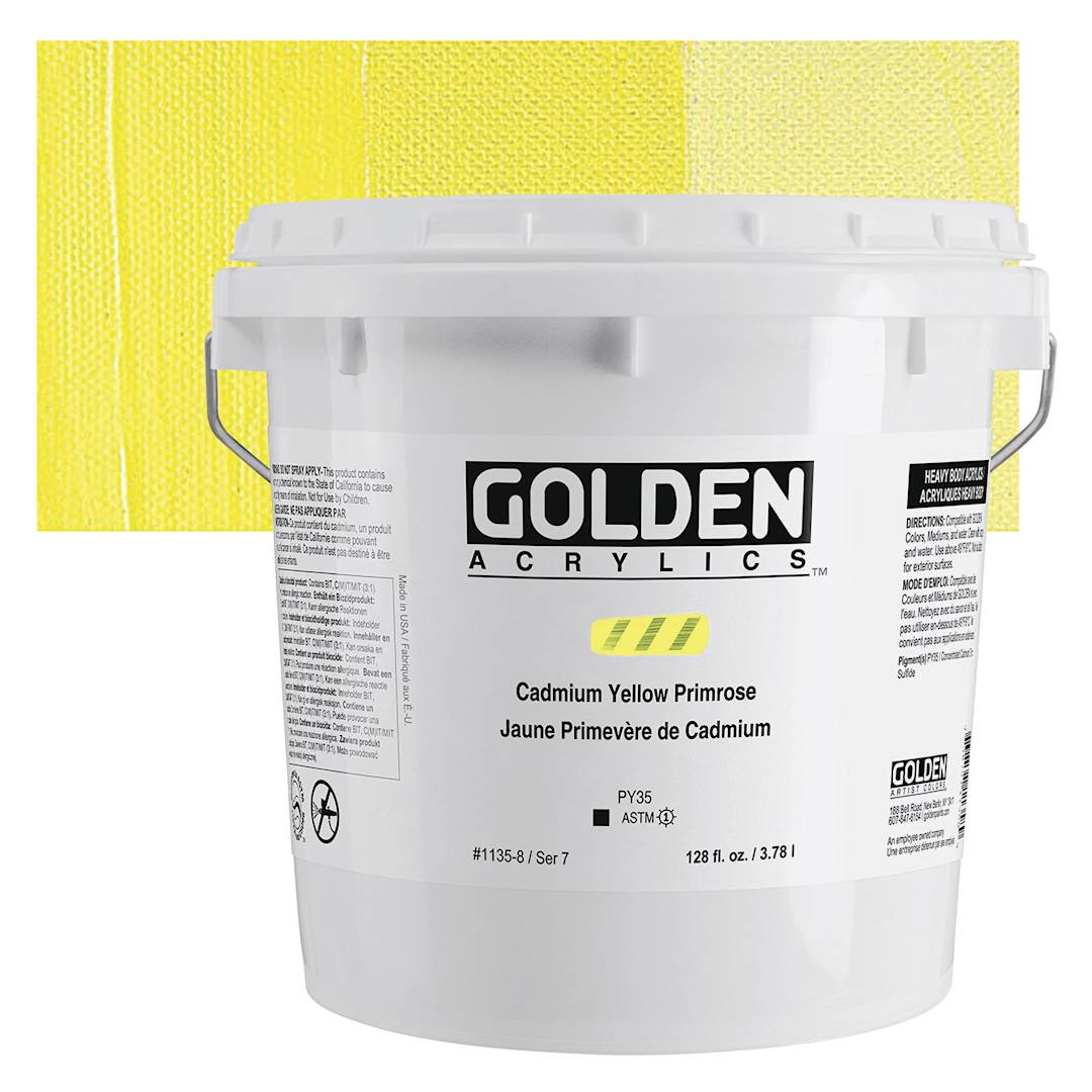 Open in modal - Golden Heavy Body Acrylic Paint - Cadmium Yellow Primrose (CP), 3.78 L bucket and swatch