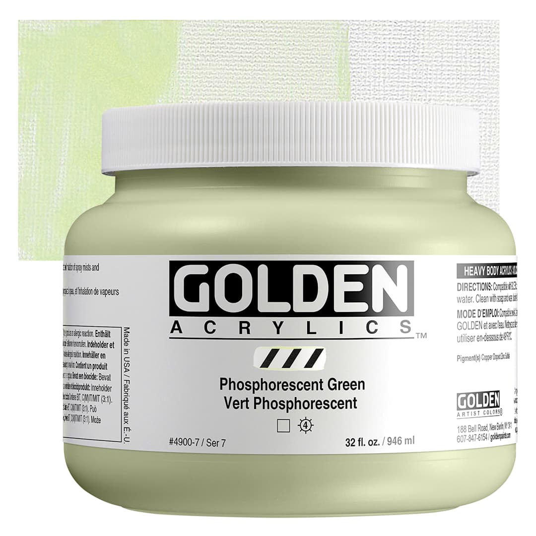 Open in modal - Golden Heavy Body Artist Acrylics - Phosphorescent Green, 32 oz Jar and Swatch
