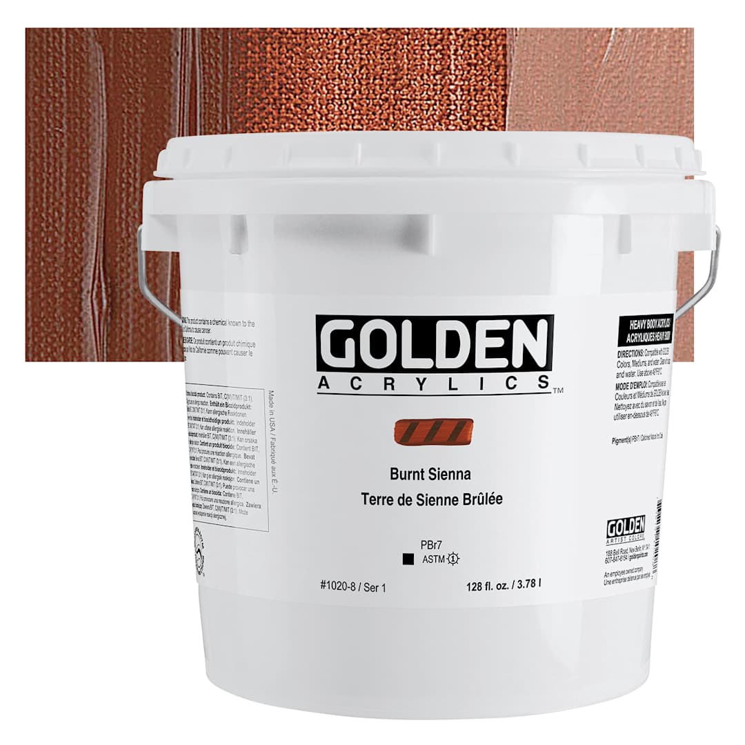 Open in modal - Golden Heavy Body Acrylic Paint - Burnt Sienna, 128 oz Bucket and swatch