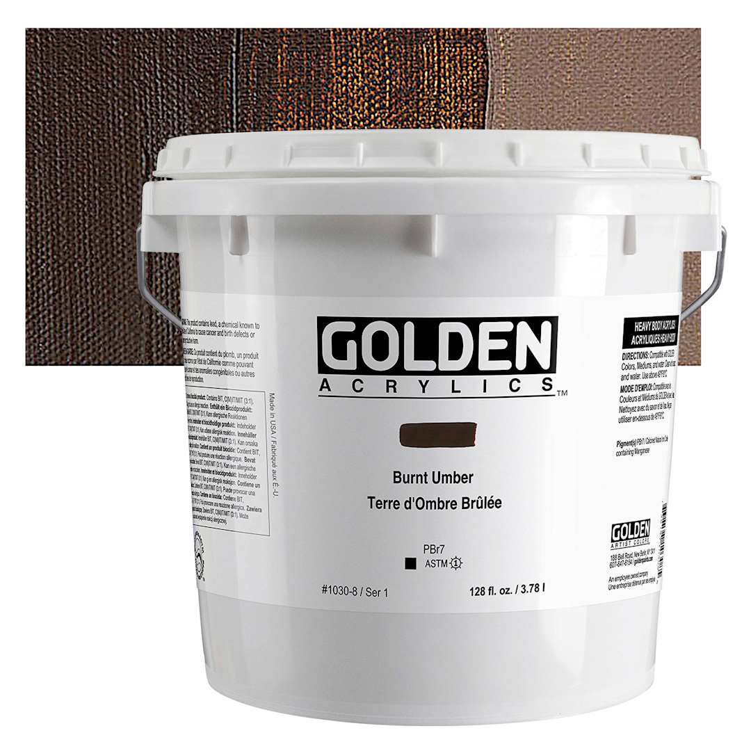 Open in modal - Golden Heavy Body Acrylic Paint - Burnt Umber, 128 oz Bucket and swatch