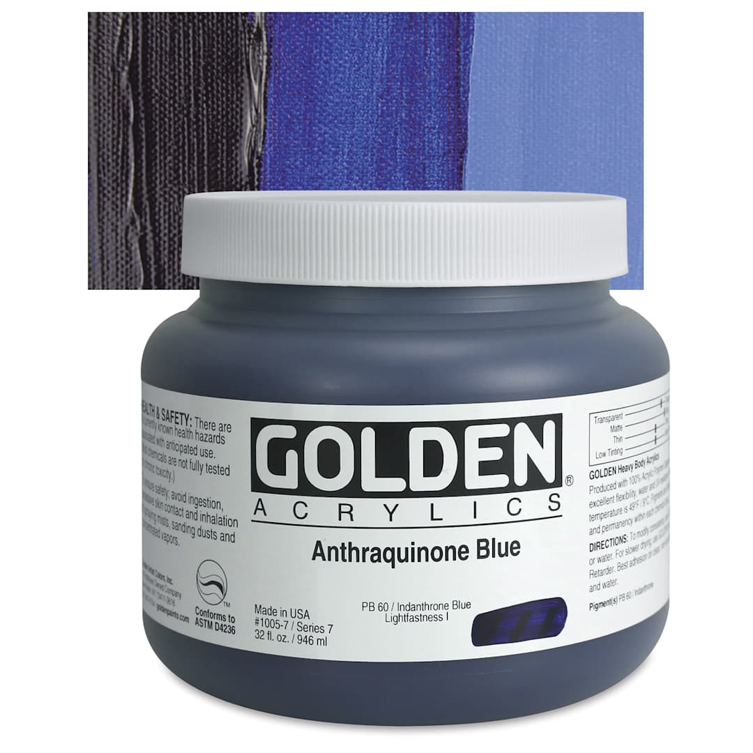 Open in modal - Golden Heavy Body Artist Acrylic - Anthraquinone Blue, 32 oz Jar and swatch
