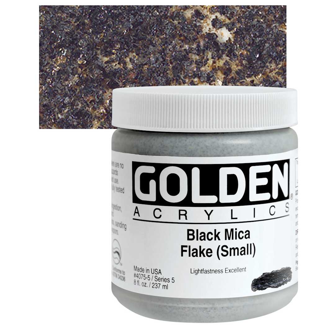 Open in modal - Golden Heavy Body Artist Acrylic - Black Mica Flake (Small), 8 oz jar and swatch