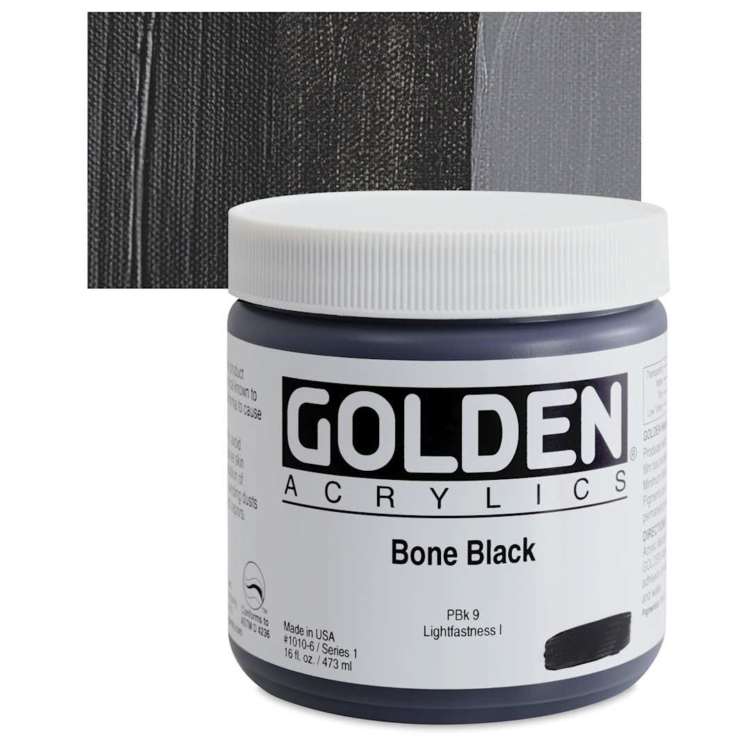 Open in modal - Golden Heavy Body Artist Acrylic - Bone Black, 16 oz Jar and swatch