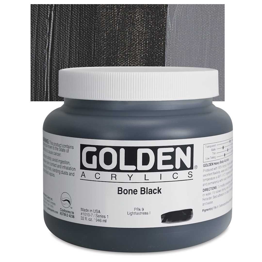 Open in modal - Golden Heavy Body Artist Acrylic - Bone Black, 32 oz Jar and swatch