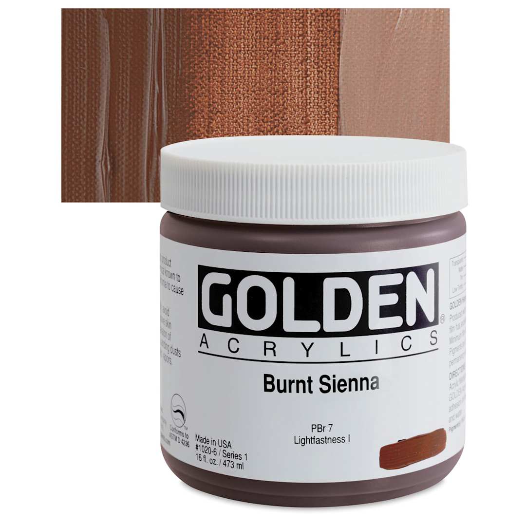 Open in modal - Golden Heavy Body Artist Acrylic - Burnt Sienna, 16 oz Jar and swatch