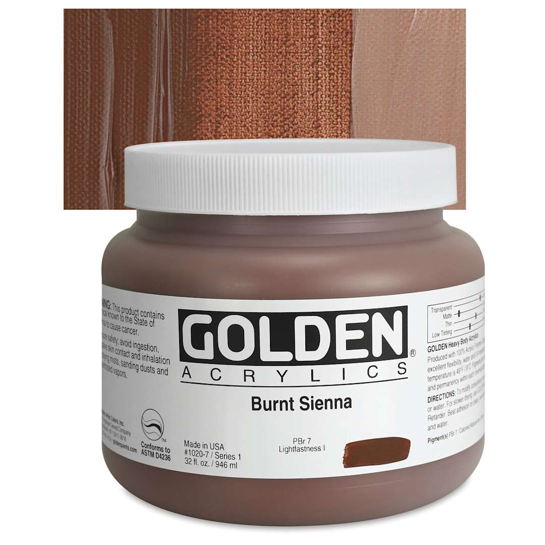 Open in modal - Golden Heavy Body Artist Acrylic - Burnt Sienna, 32 oz Jar and swatch