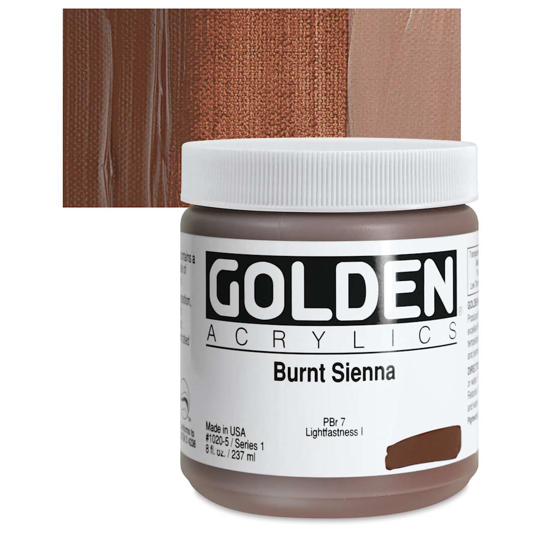 Open in modal - Golden Heavy Body Artist Acrylic - Burnt Sienna, 8 oz Jar and swatch