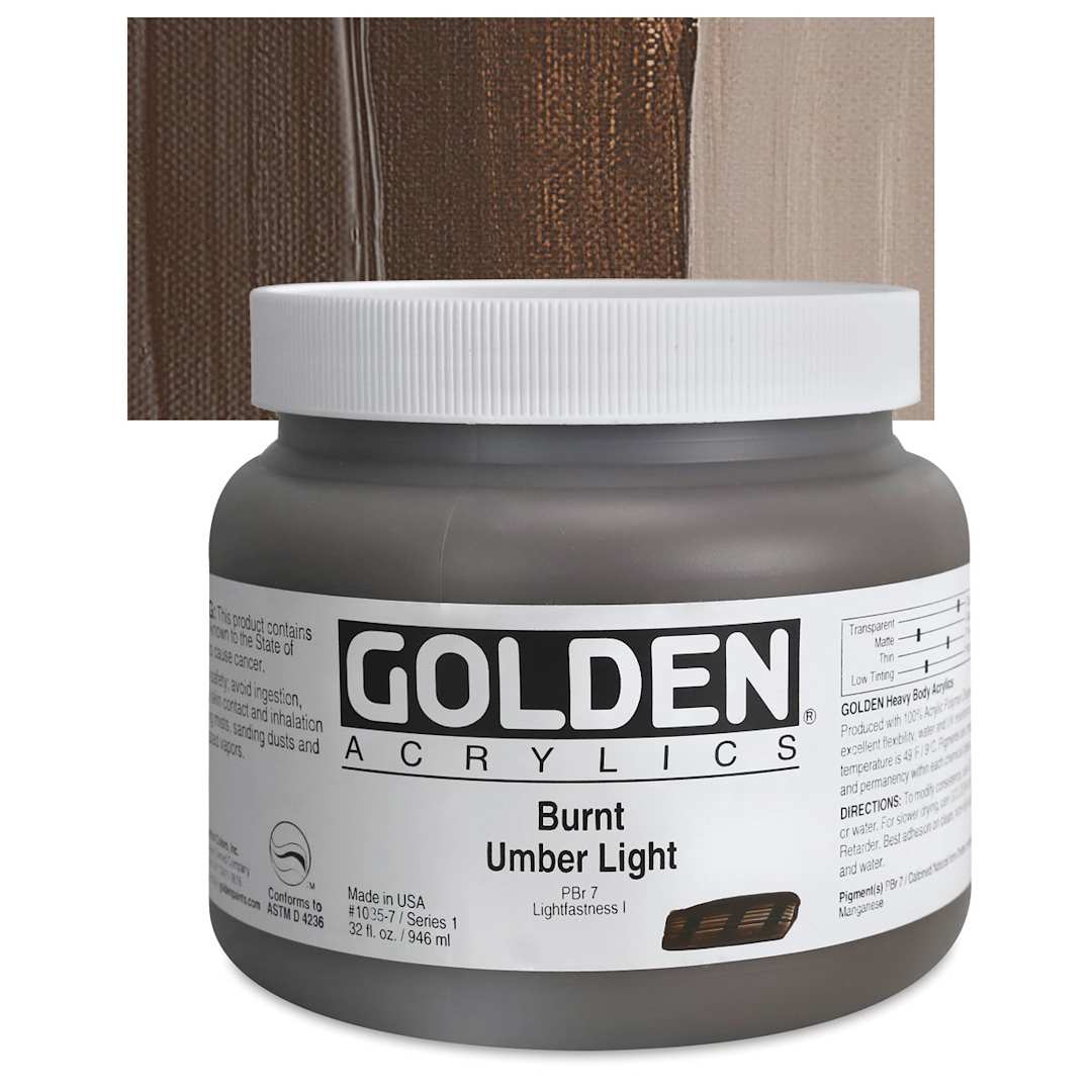 Open in modal - Golden Heavy Body Artist Acrylic - Burnt Umber Light, 32 oz Jar and swatch