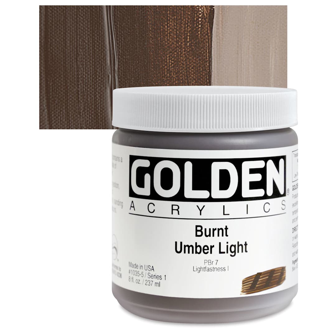 Open in modal - Golden Heavy Body Artist Acrylic - Burnt Umber Light, 8 oz jar and swatch