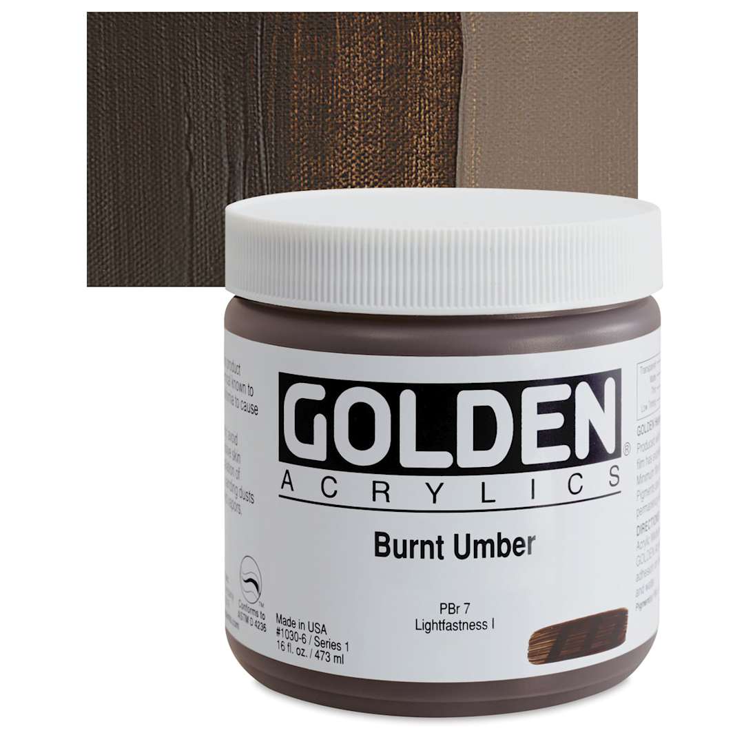 Open in modal - Golden Heavy Body Artist Acrylic - Burnt Umber, 16 oz Jar and swatch