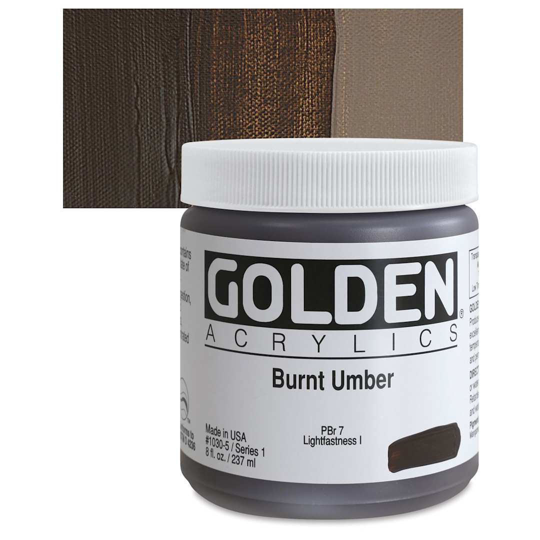 Open in modal - Golden Heavy Body Artist Acrylic - Burnt Umber, 8 oz Jar and swatch