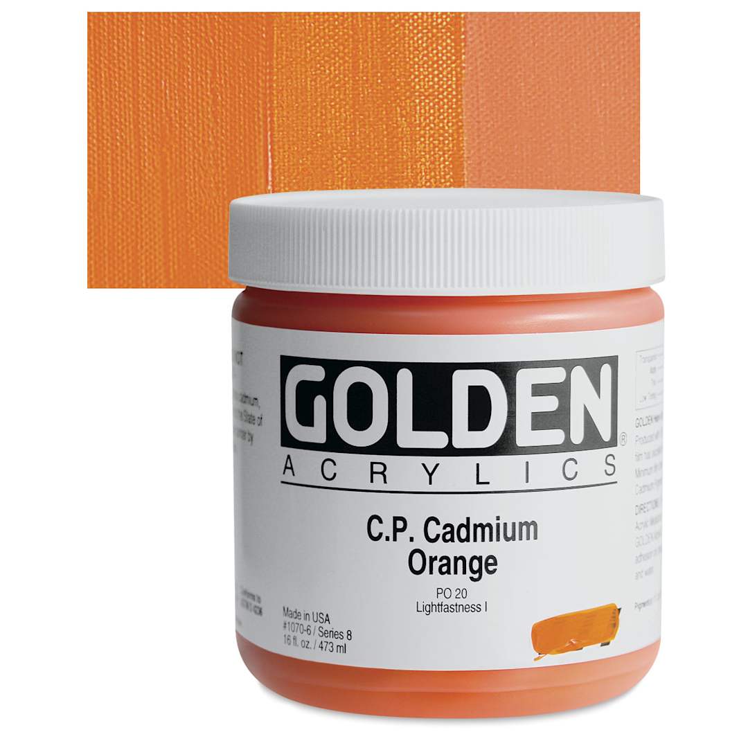 Open in modal - Golden Heavy Body Artist Acrylic - Cadmium Orange, 16 oz Jar and swatch