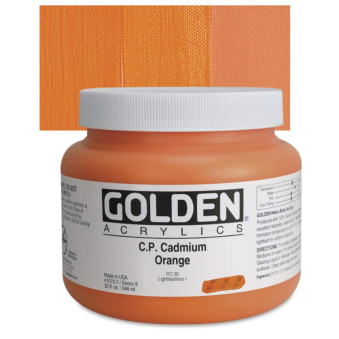 Open in modal - Golden Heavy Body Artist Acrylic - Cadmium Orange, 32 oz Jar and swatch
