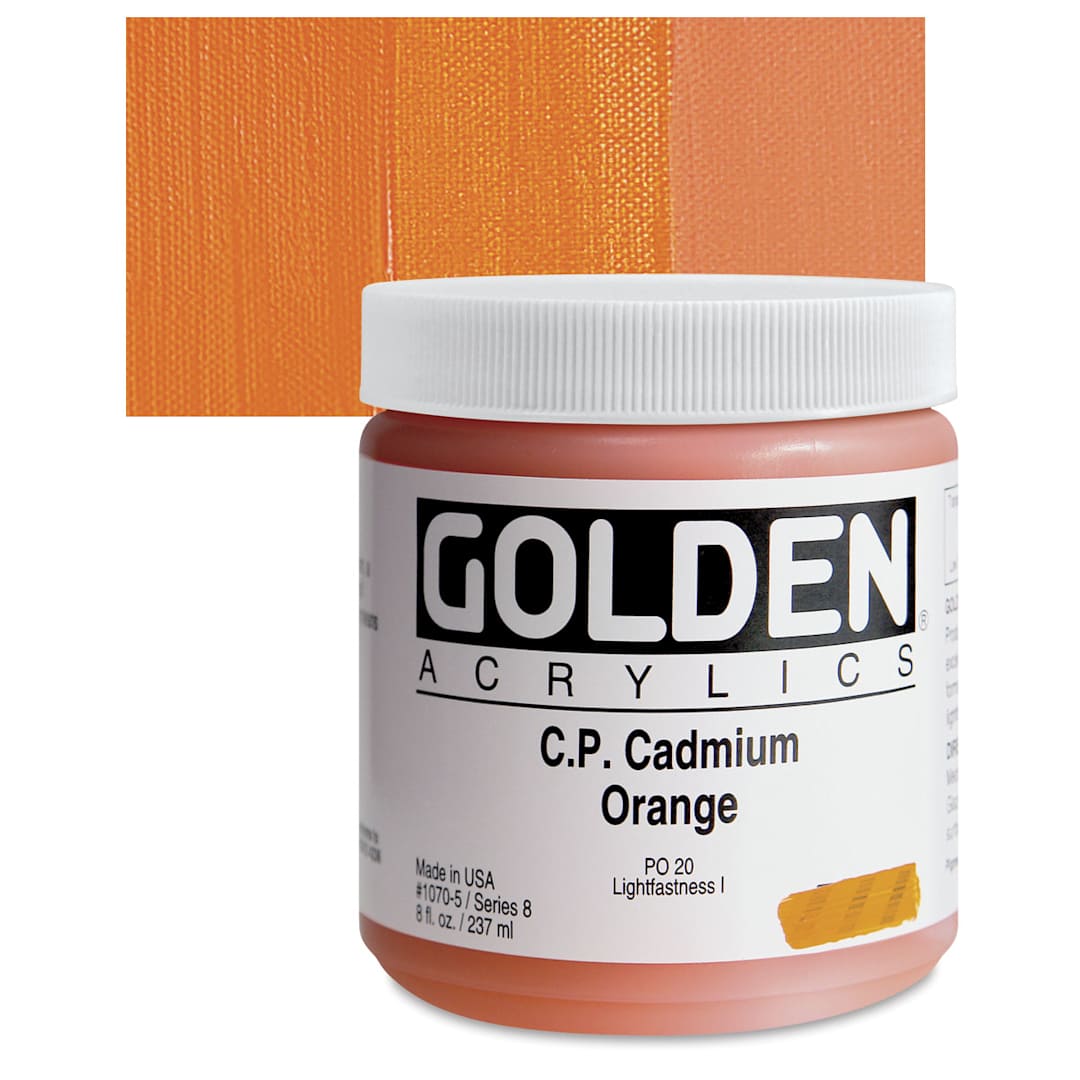 Open in modal - Golden Heavy Body Artist Acrylic - Cadmium Orange, 8 oz Jar and swatch
