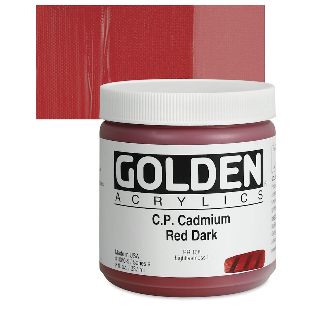 Open in modal - Golden Heavy Body Artist Acrylic - Cadmium Red Dark, 8 oz Jar and swatch