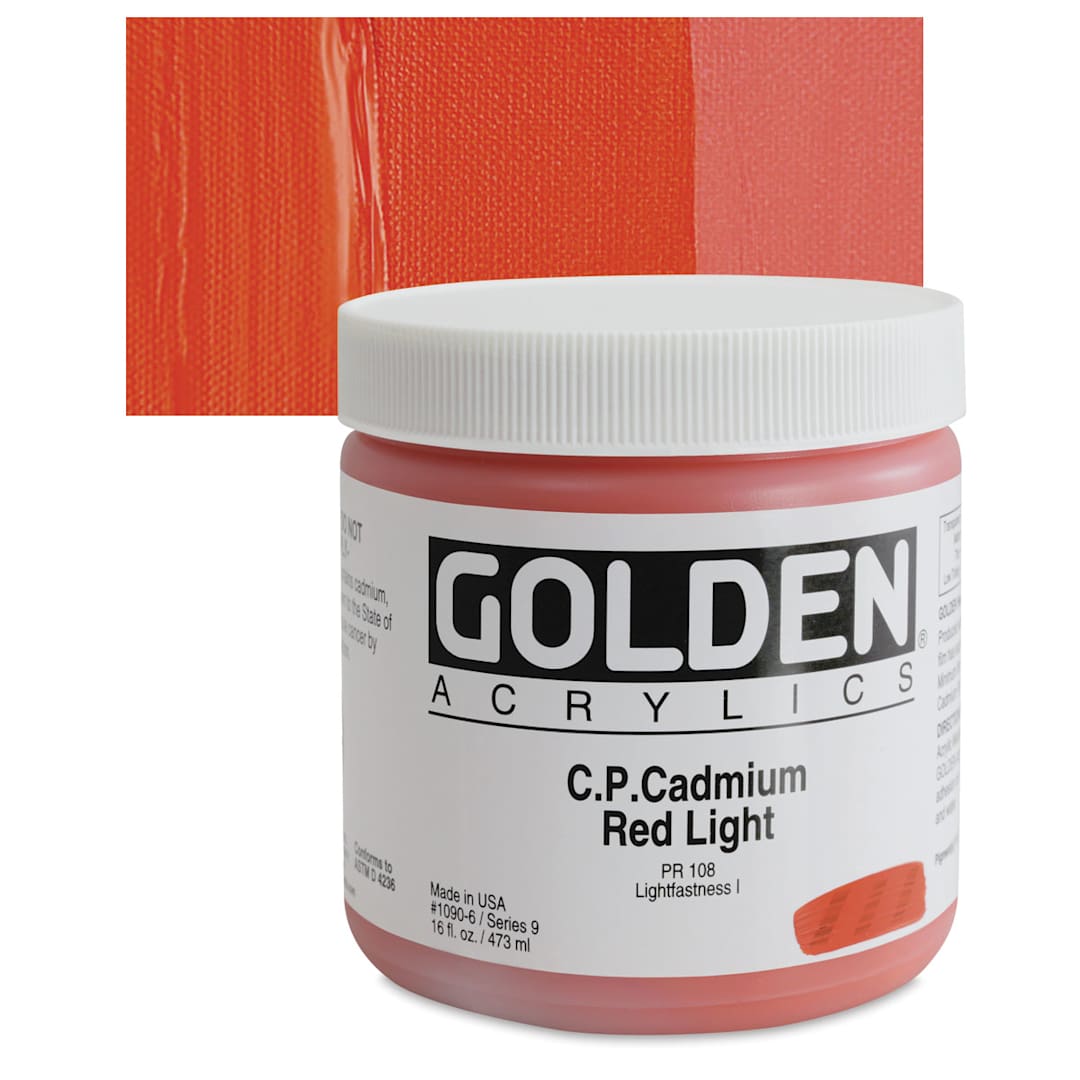 Open in modal - Golden Heavy Body Artist Acrylic - Cadmium Red Light, 16 oz Jar and swatch