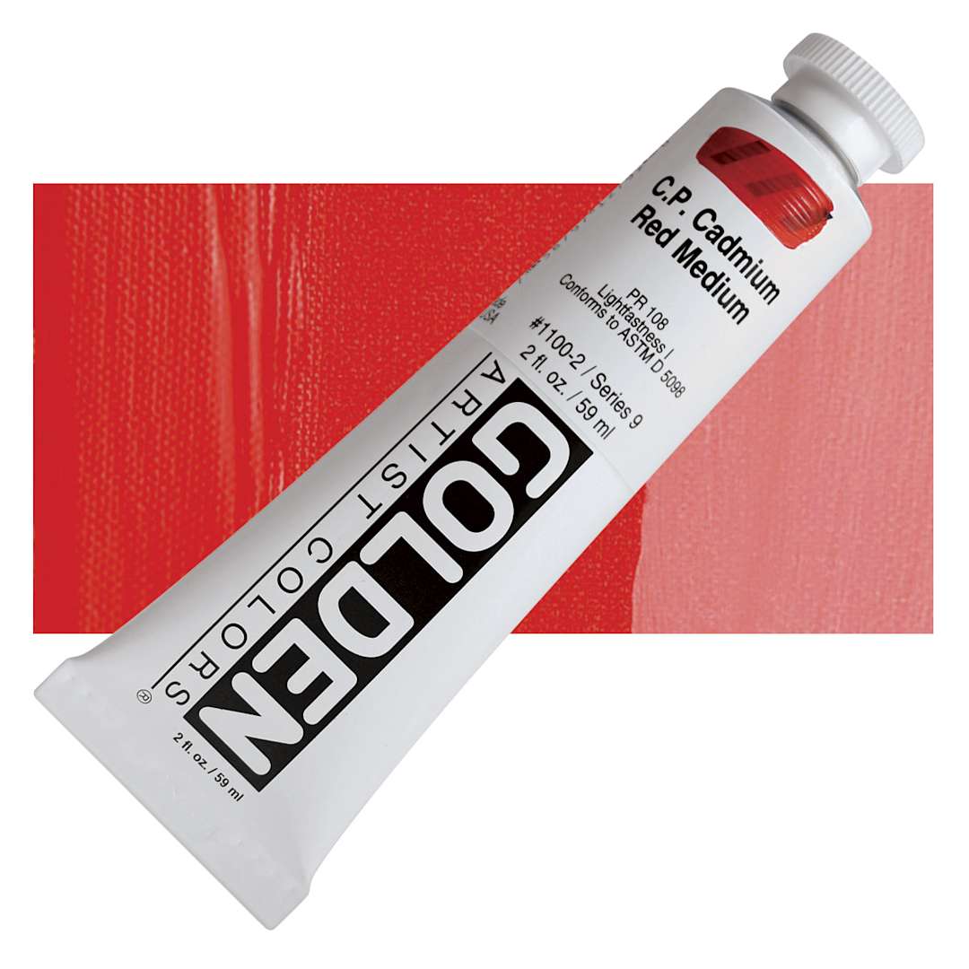 Open in modal - Golden Heavy Body Artist Acrylic - Cadmium Red Medium, 2 oz Tube and swatch