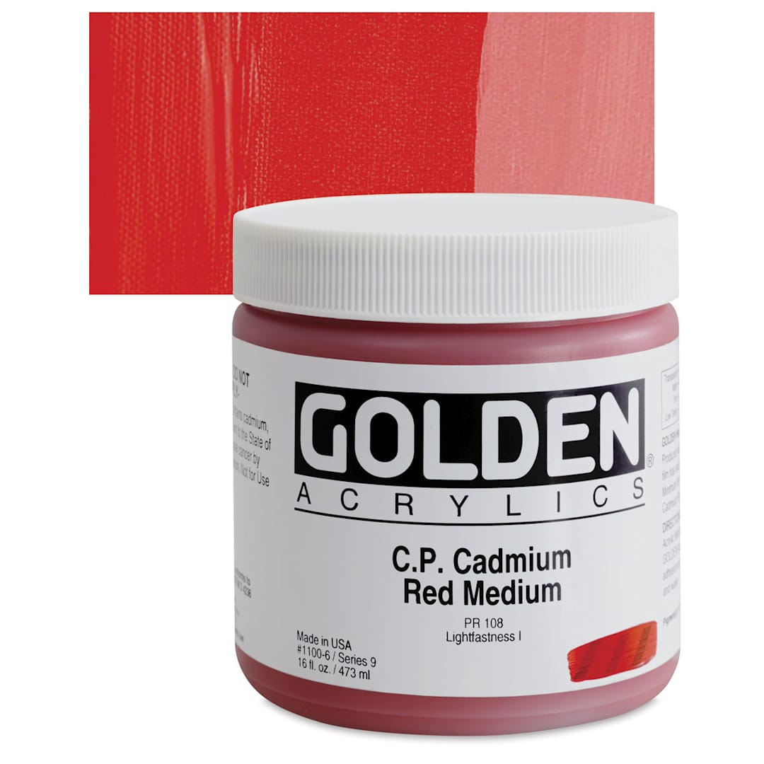 Open in modal - Golden Heavy Body Artist Acrylic - Cadmium Red Medium, 16 oz Jar  and swatch