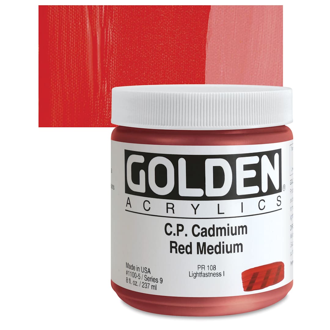 Open in modal - Golden Heavy Body Artist Acrylic - Cadmium Red Medium, 8 oz Jar and swatch
