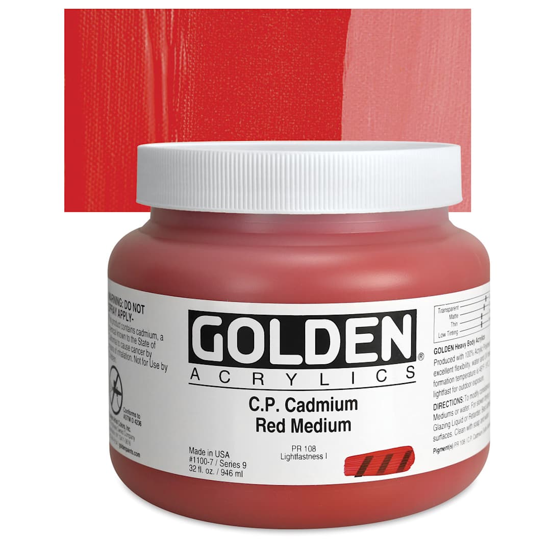 Open in modal - Golden Heavy Body Artist Acrylic - Cadmium Red Medium, 32 oz jar and swatch
