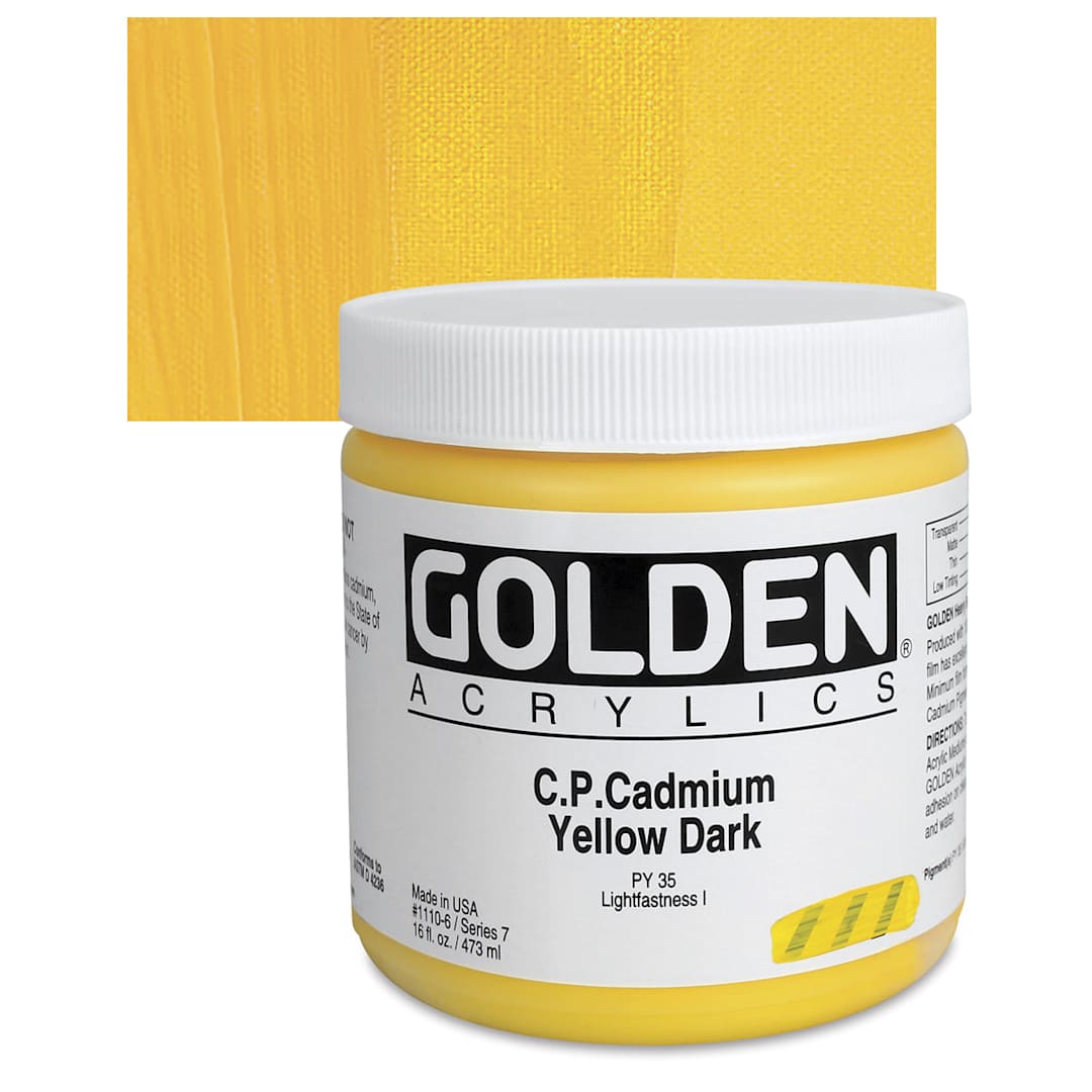 Open in modal - Golden Heavy Body Artist Acrylic - Cadmium Yellow Dark, 16 oz Jar and swatch