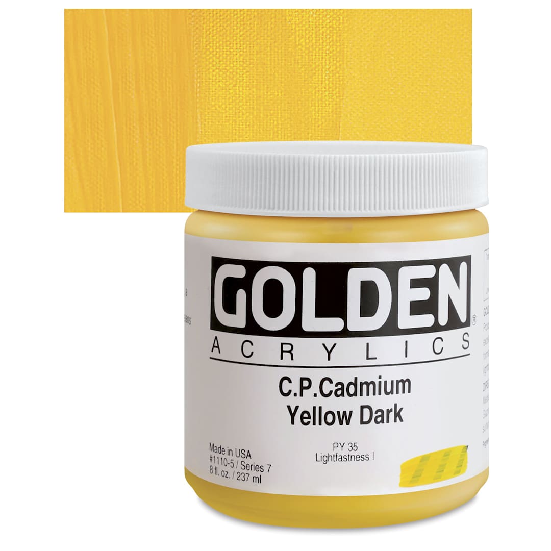 Open in modal - Golden Heavy Body Artist Acrylic - Cadmium Yellow Dark, 8 oz Jar and swatch