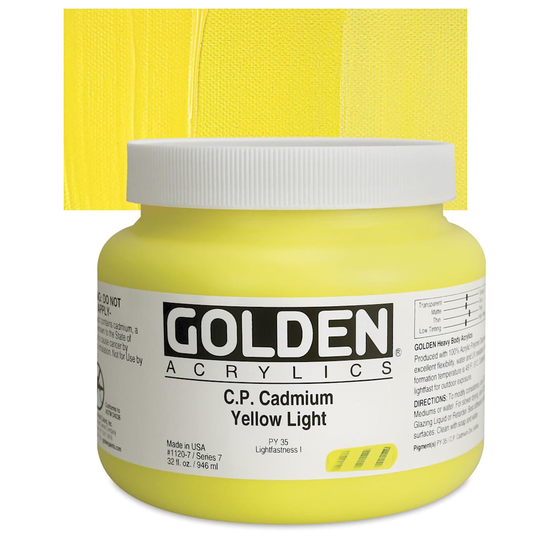 Open in modal - Golden Heavy Body Artist Acrylic - Cadmium Yellow Light, 32 oz Jar and swatch