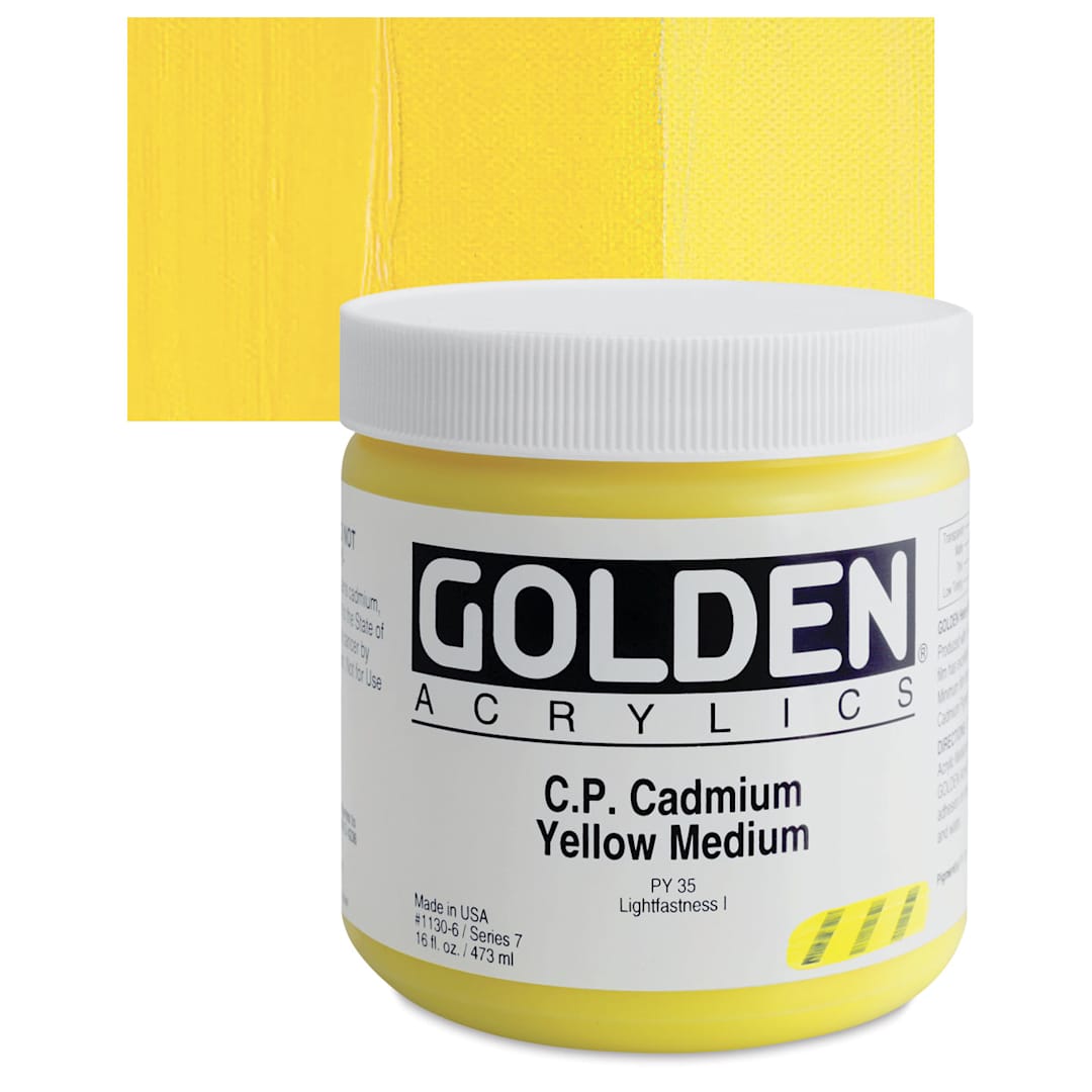 Open in modal - Golden Heavy Body Artist Acrylic - Cadmium Yellow Medium, 16 oz Jar and swatch