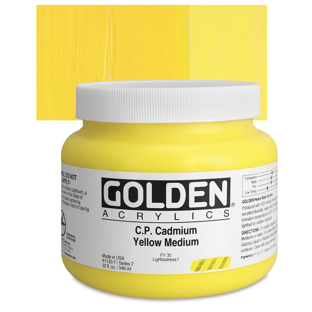Open in modal - Golden Heavy Body Artist Acrylic - Cadmium Yellow Medium, 32 oz Jar and swatch