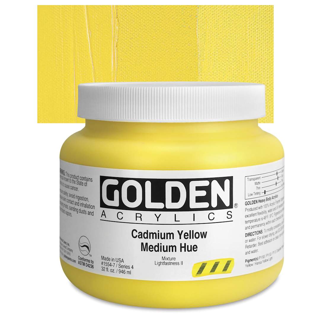 Open in modal - Golden Heavy Body Artist Acrylic - Cadmium Yellow Medium Hue, 32 oz Jar and swatch