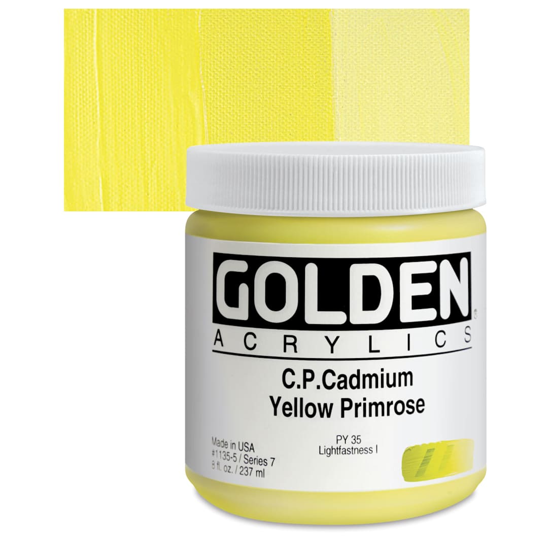 Open in modal - Golden Heavy Body Artist Acrylic - Cadmium Yellow Primrose, 8 oz Jar and swatch