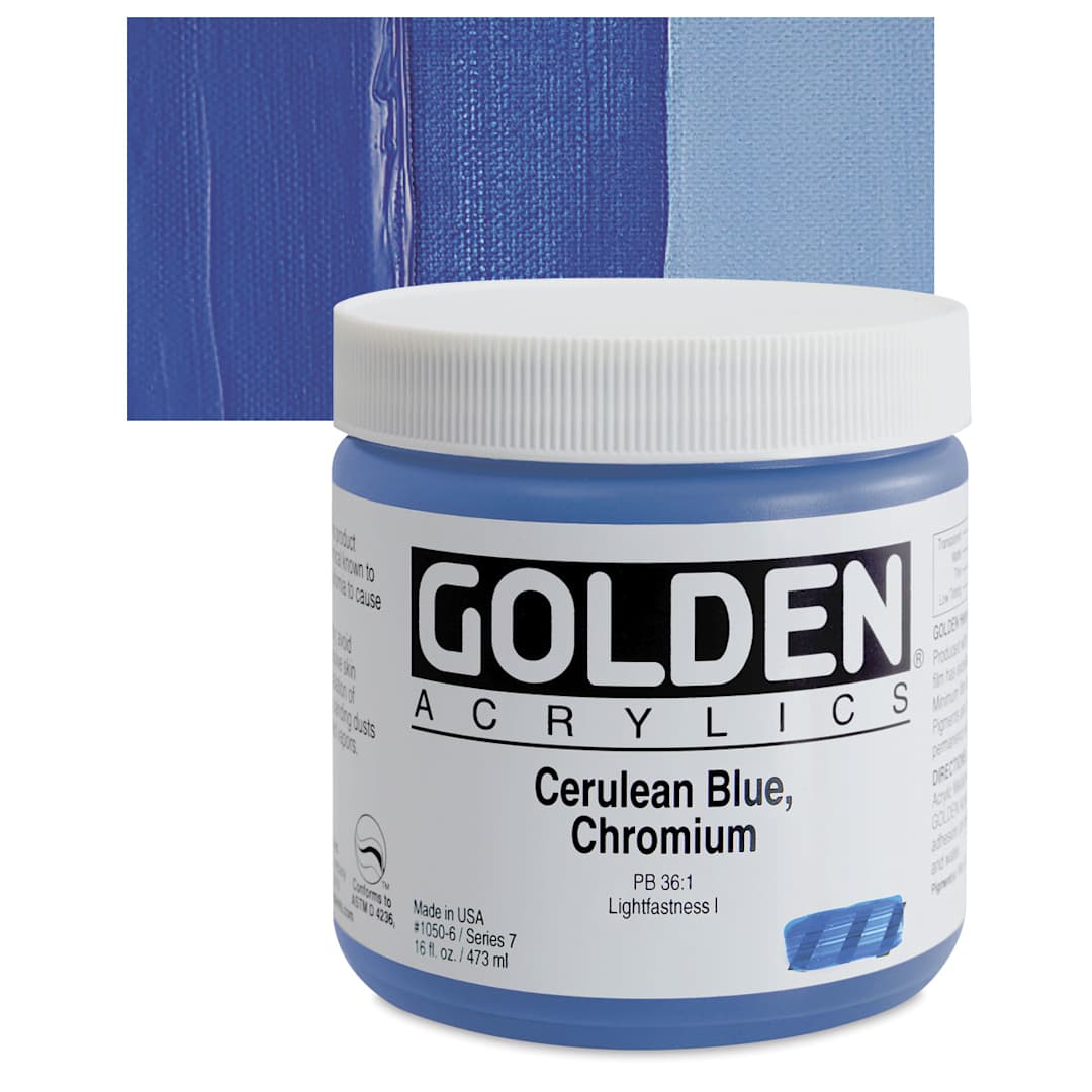 Open in modal - Golden Heavy Body Artist Acrylic - Cerulean Blue Chromium, 16 oz Jar and swatch