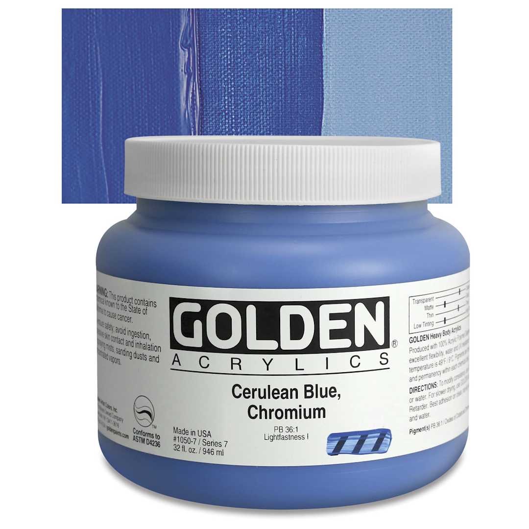 Open in modal - Golden Heavy Body Artist Acrylic - Cerulean Blue Chromium, 32 oz Jar and swatch