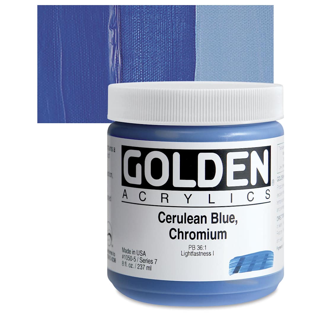 Open in modal - Golden Heavy Body Artist Acrylic - Cerulean Blue Chromium, 8 oz Jar and swatch